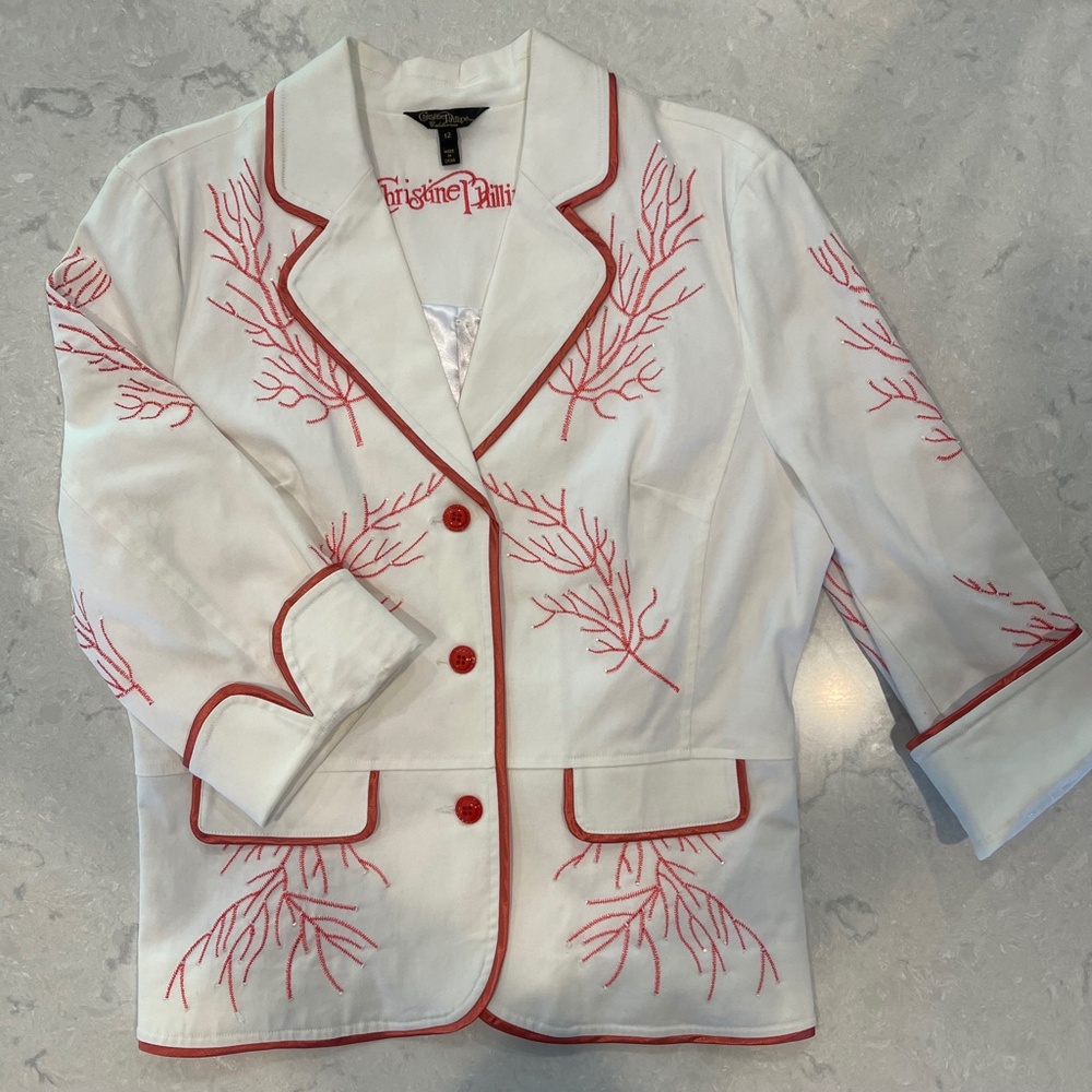 Crisp White Coral Beaded Blazer by Christine Philippé California - Size 12